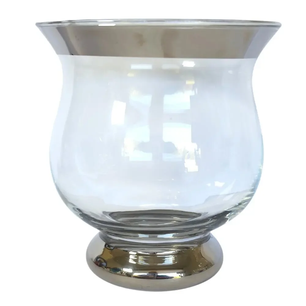 Vintage Crate & Barrel Minuet Glass Hurricane Candle Holder Silver Rim Italy